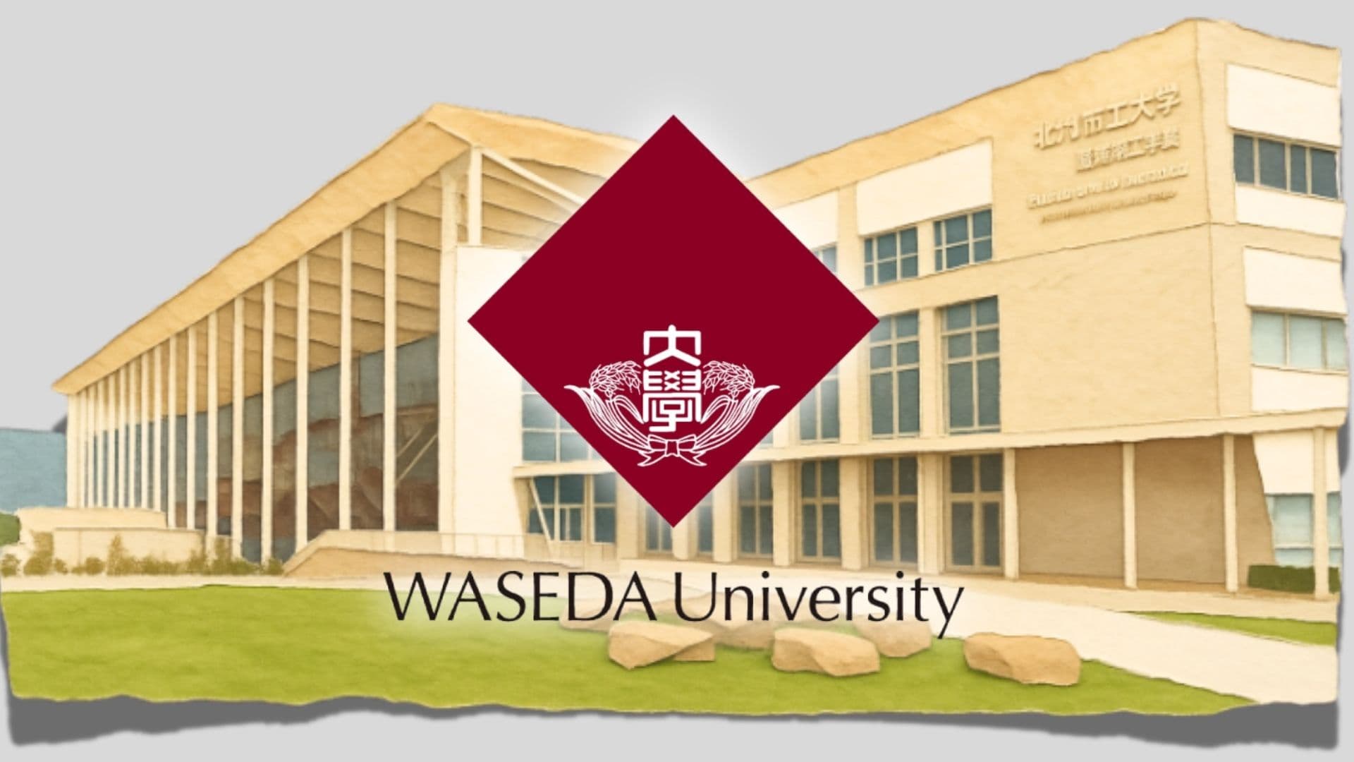 The Waseda University building, with the university crest