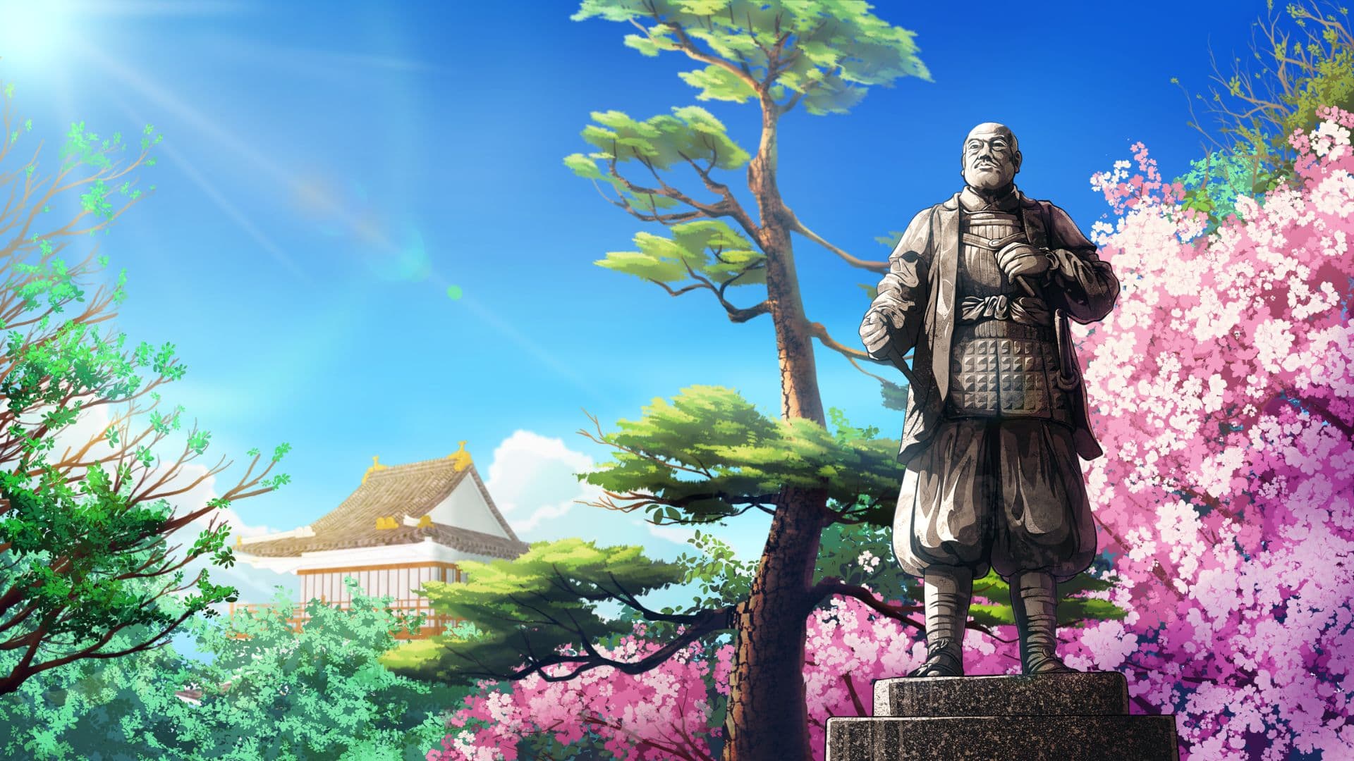 Kochi's castle town in cherry-blossom season, a bronze statue on its pedestal