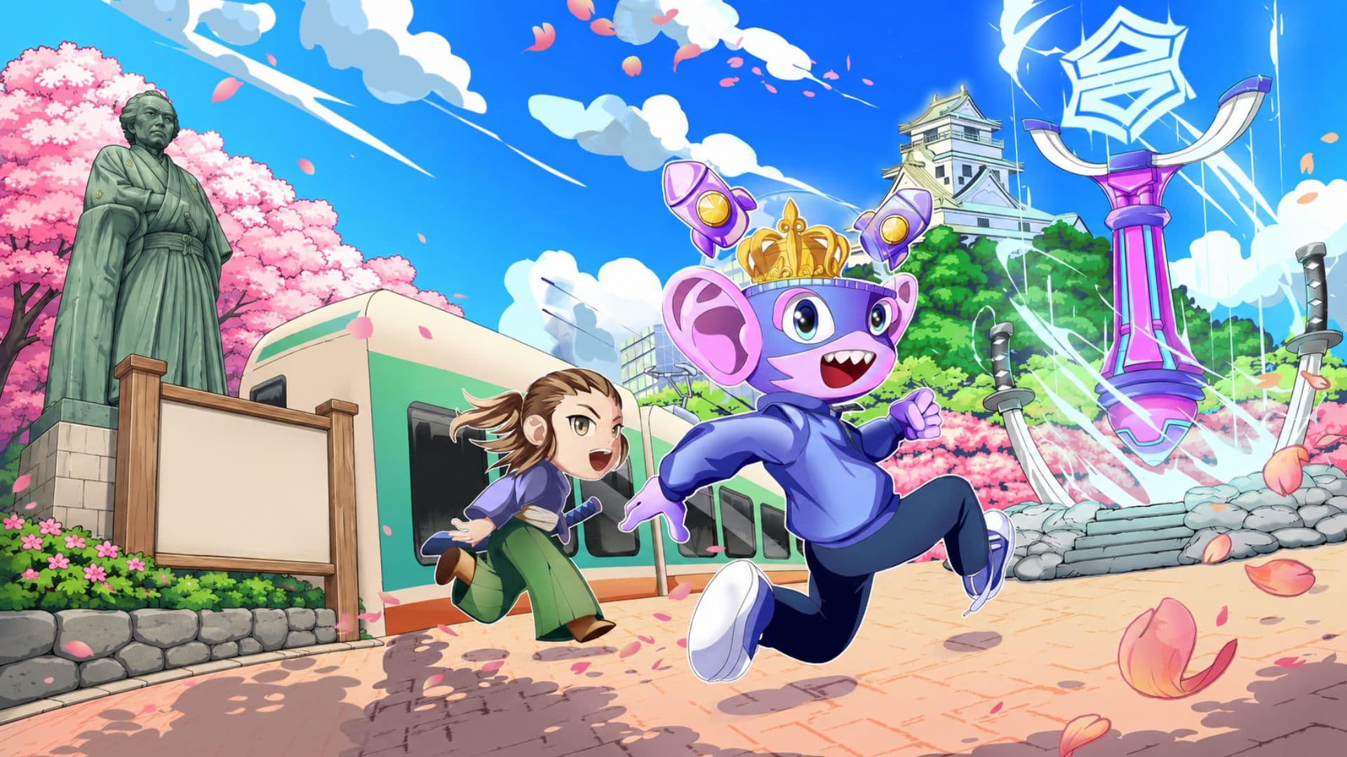 STACKEY sprinting through a castle town in cherry-blossom season