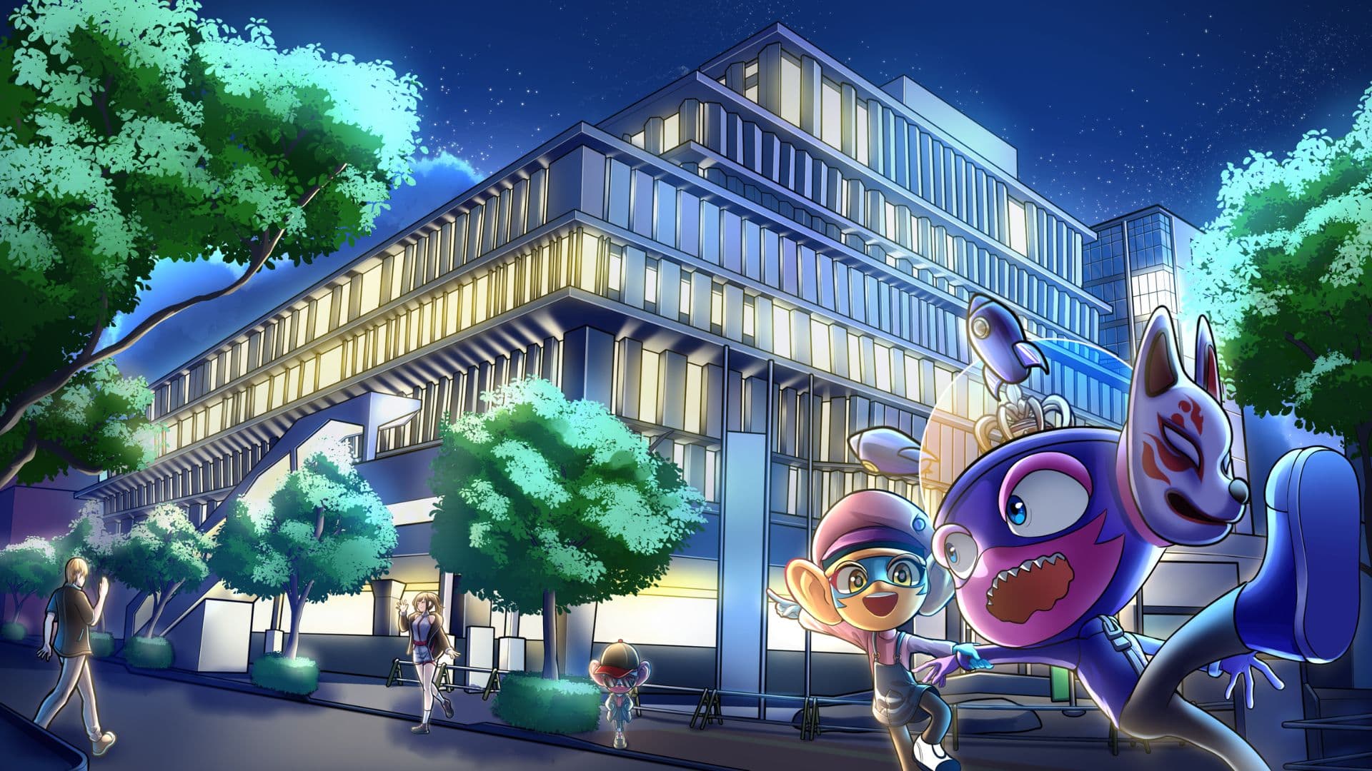 STACKEY and the fox at a glass building lit up at night