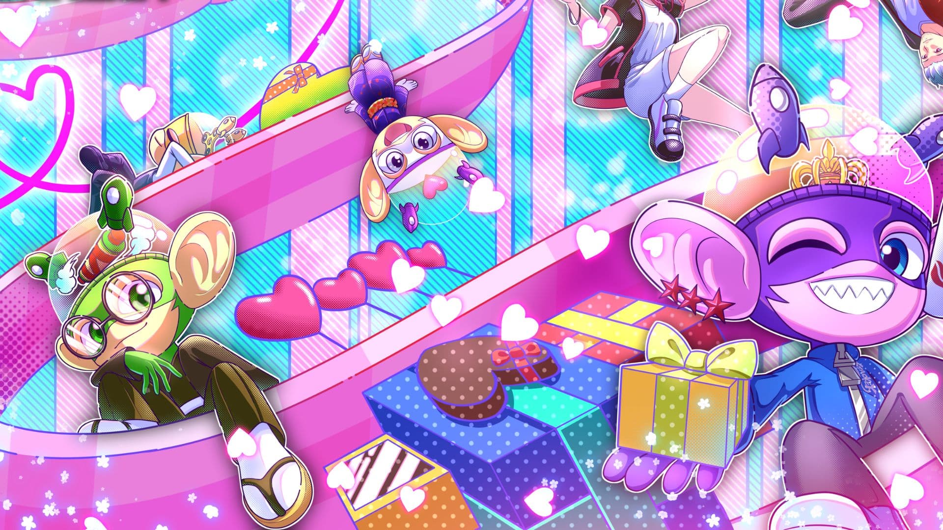 The mascots on a pink slide among hearts and gift boxes
