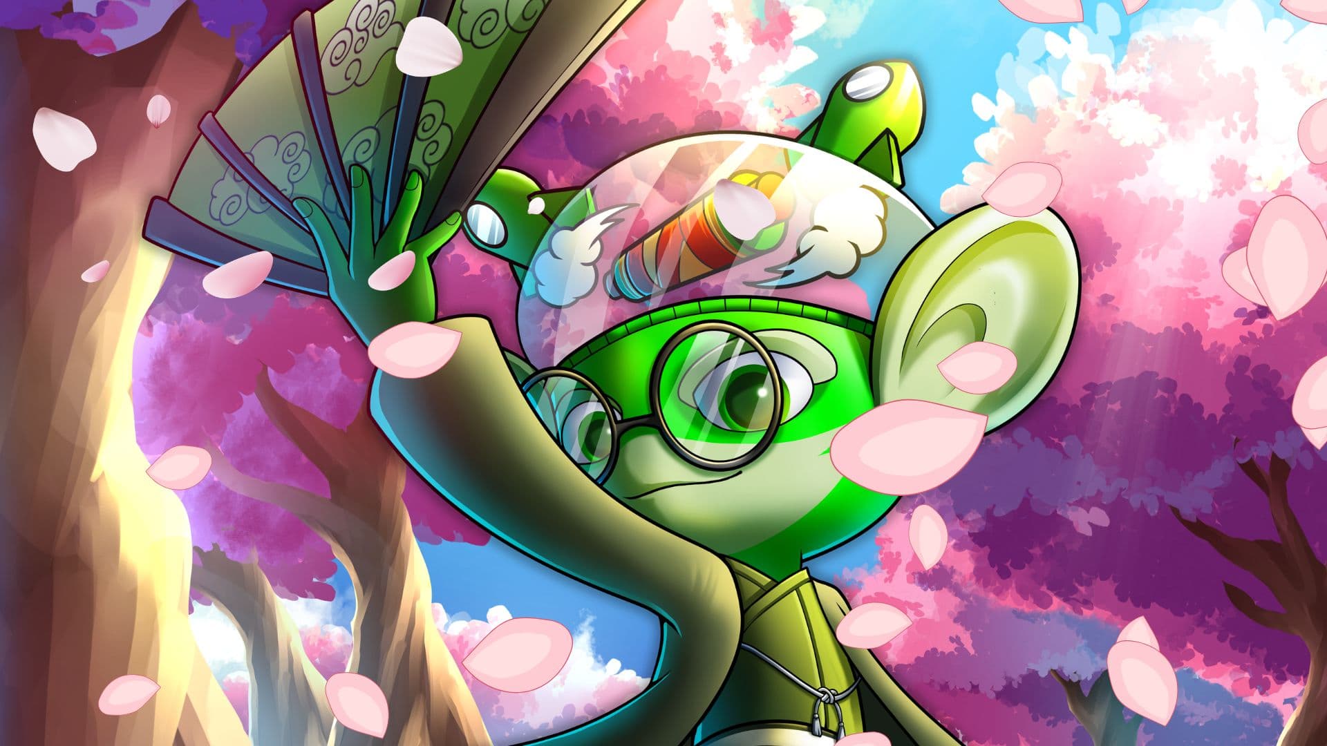 STACKEY in round glasses among cherry blossoms