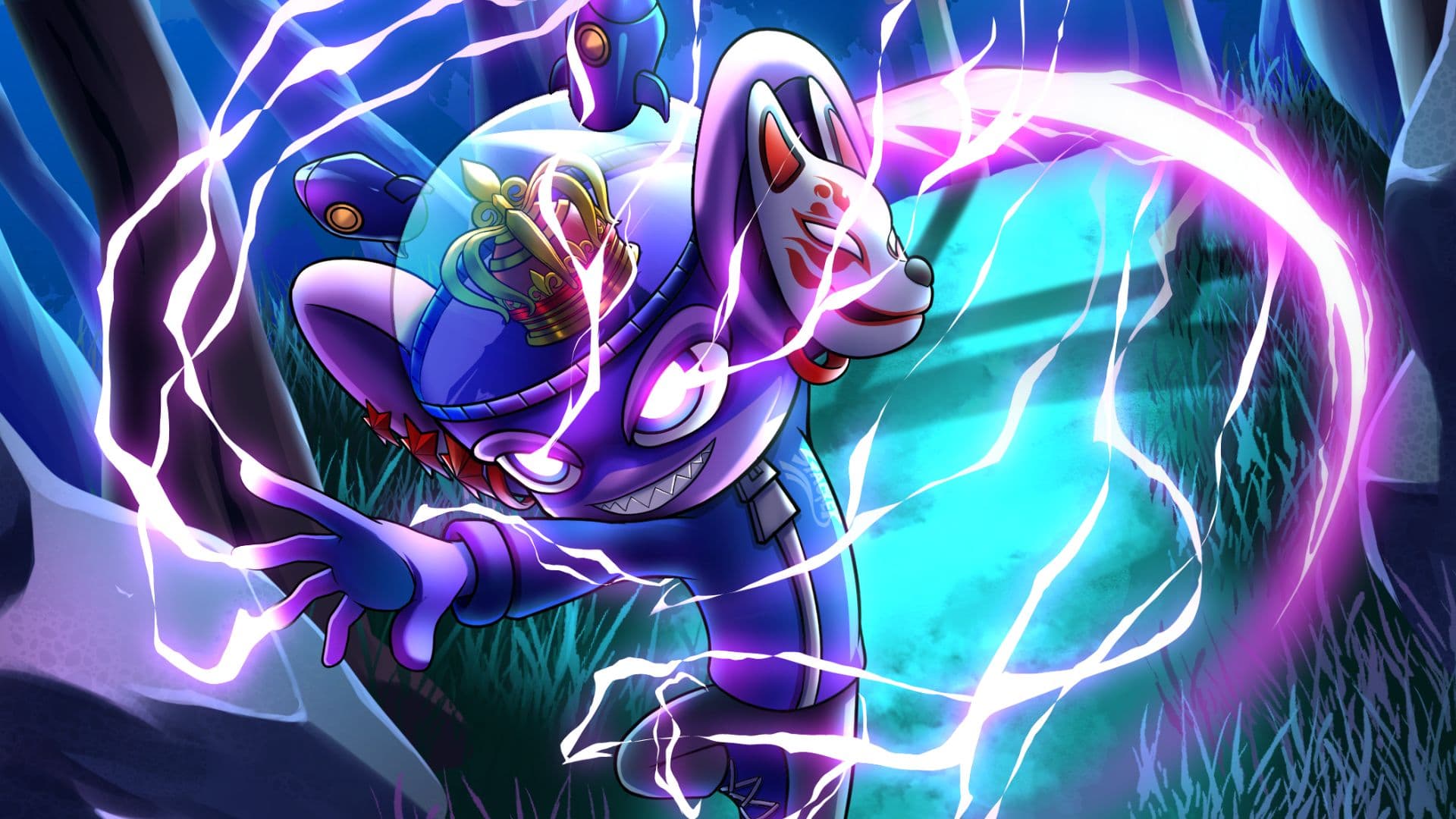 The fox-masked STACKEY wreathed in lightning