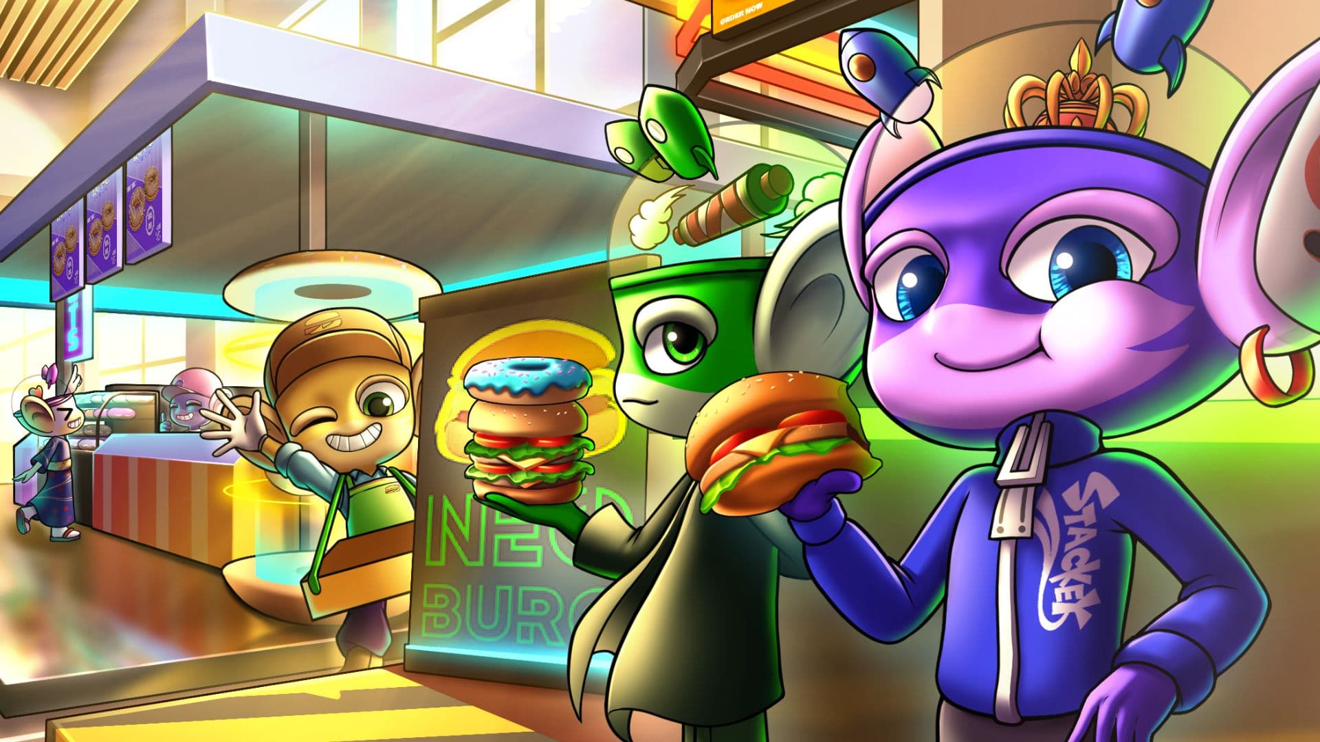 The mascots ordering at a burger counter