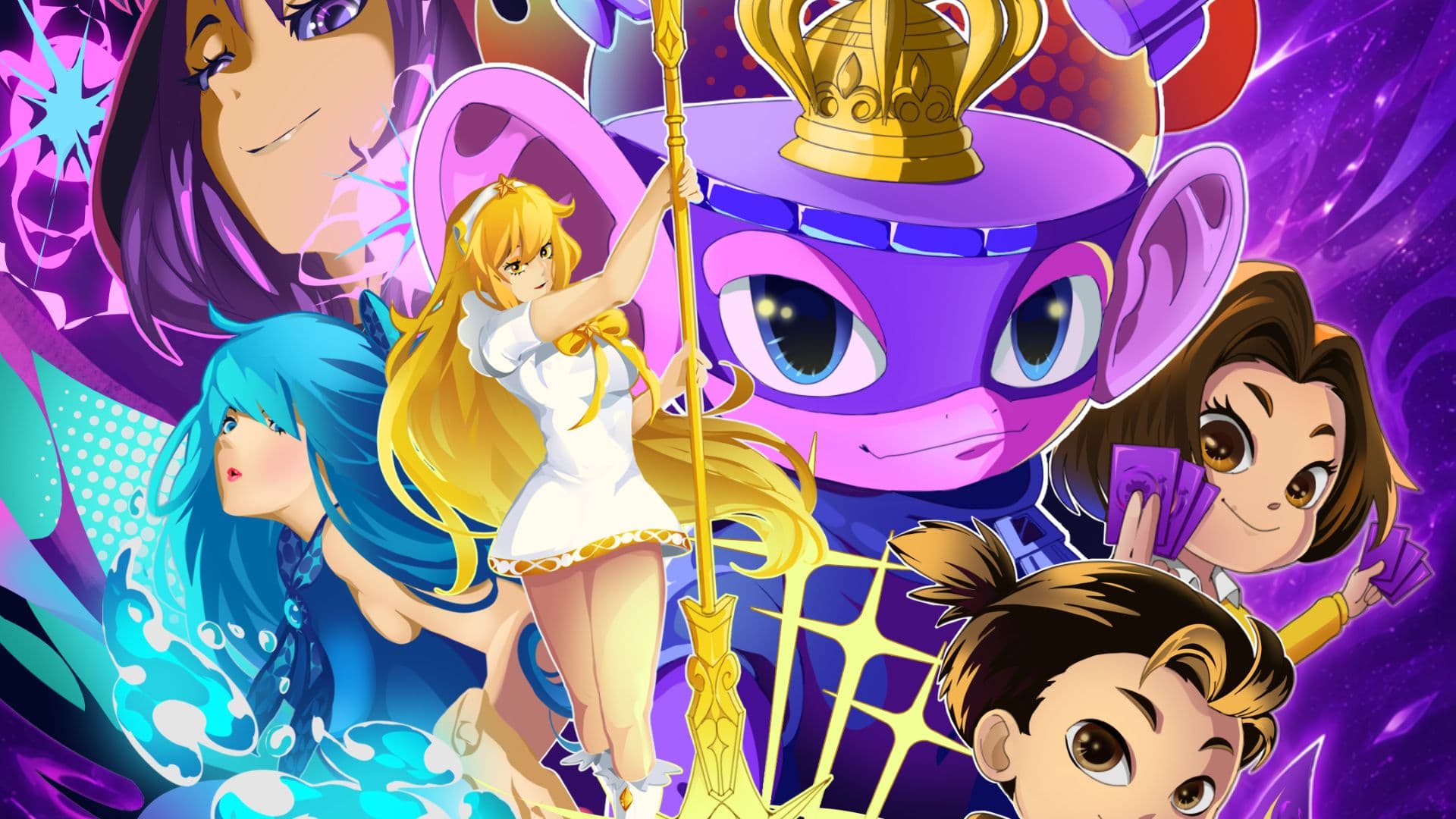 The original anime cast gathered under a gold crown