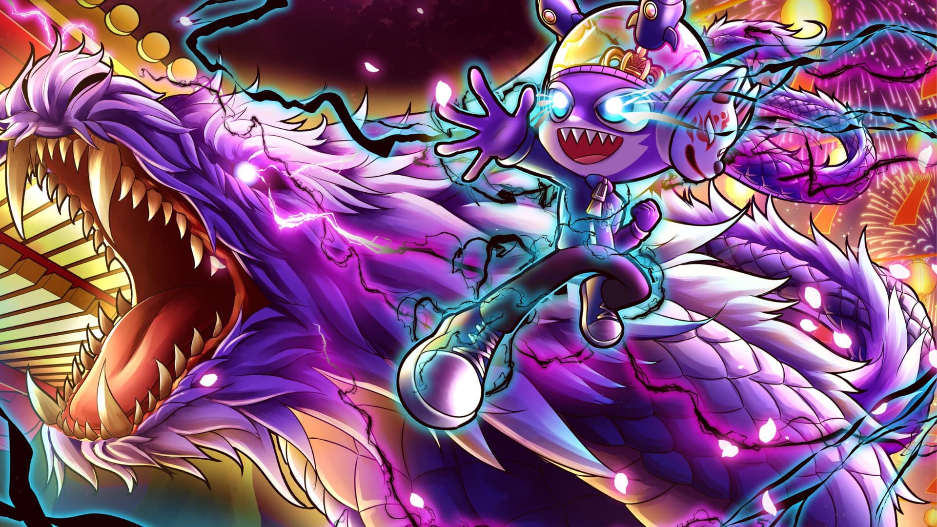 A purple dragon roaring, mid-effect